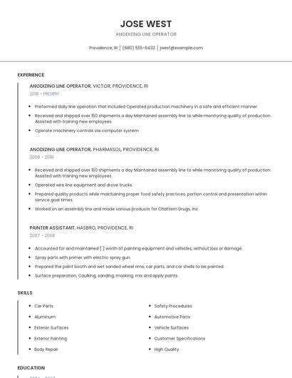 Anodizing Line Operator Resume