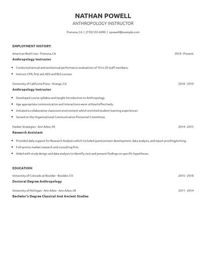 Anthropology Instructor Resume