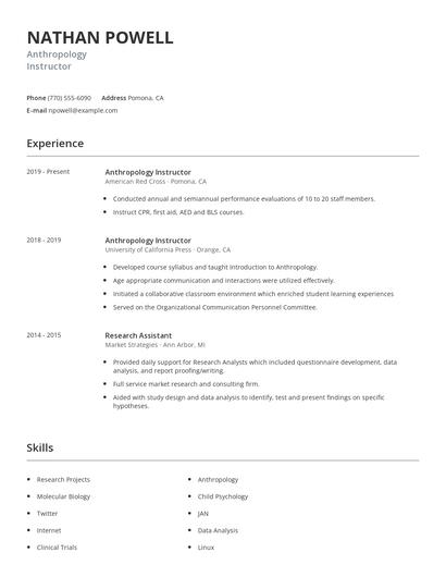 Anthropology Instructor Resume