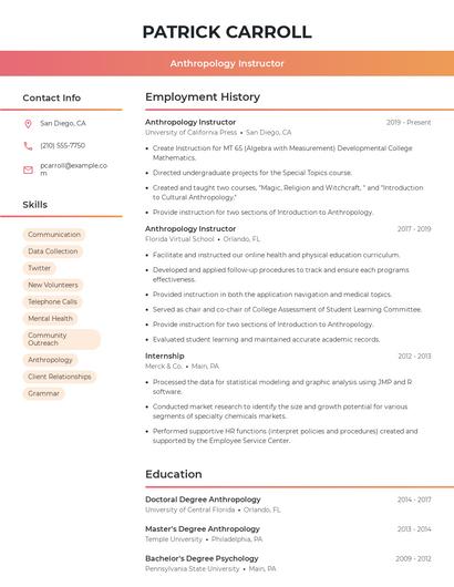 Anthropology Instructor Resume