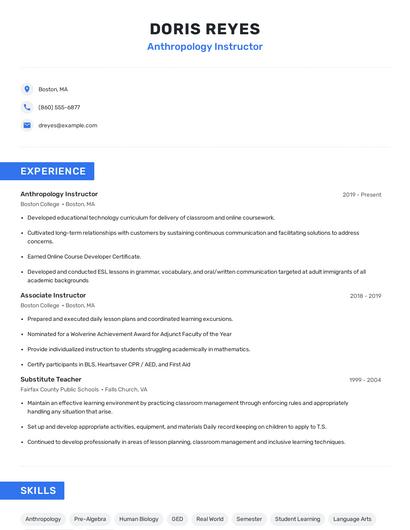 Anthropology Instructor Resume
