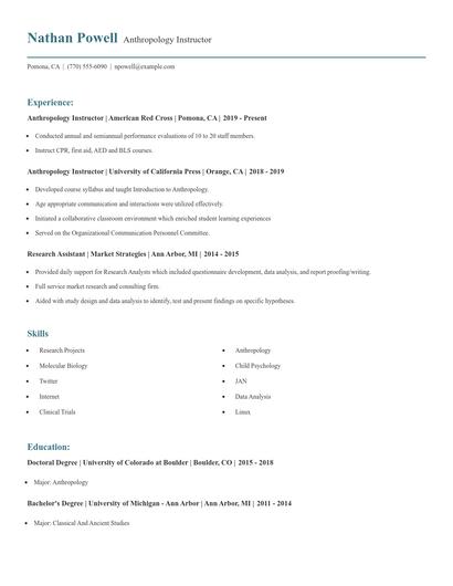 Anthropology Instructor Resume