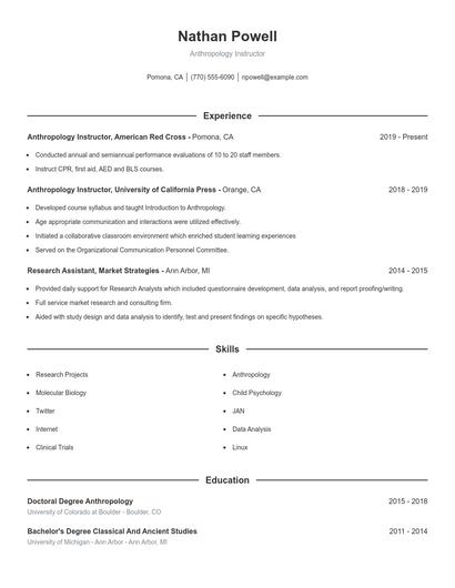 Anthropology Instructor Resume