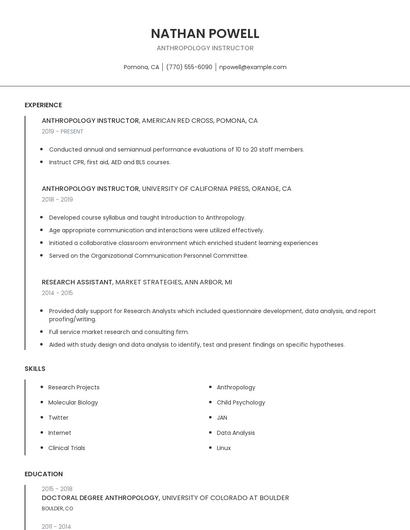 Anthropology Instructor Resume
