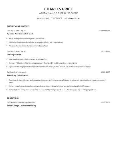 Appeals And Generalist Clerk Resume