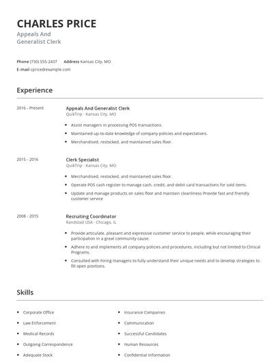 Appeals And Generalist Clerk Resume