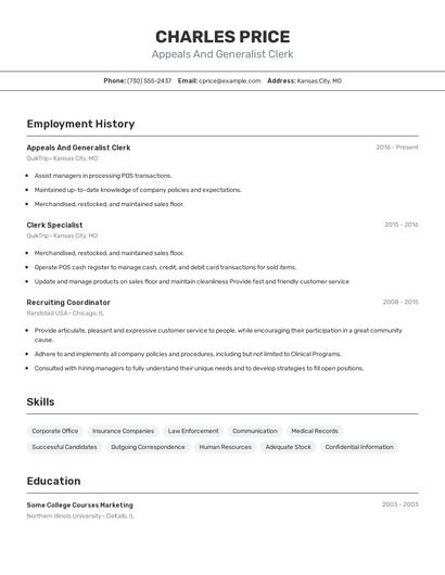 Appeals And Generalist Clerk Resume