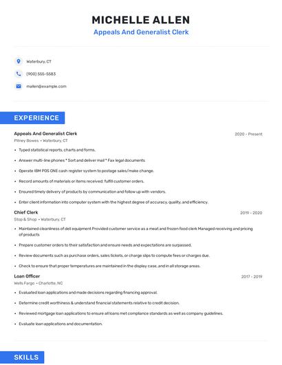 Appeals And Generalist Clerk Resume