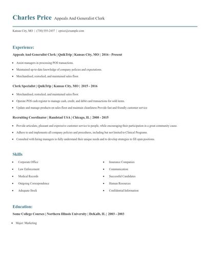 Appeals And Generalist Clerk Resume