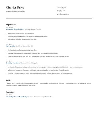 Appeals And Generalist Clerk Resume