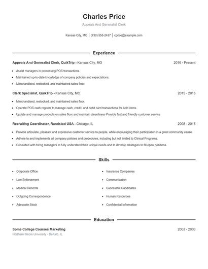 Appeals And Generalist Clerk Resume