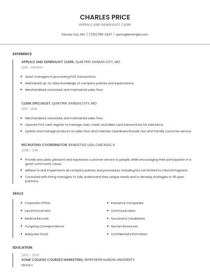Appeals And Generalist Clerk Resume