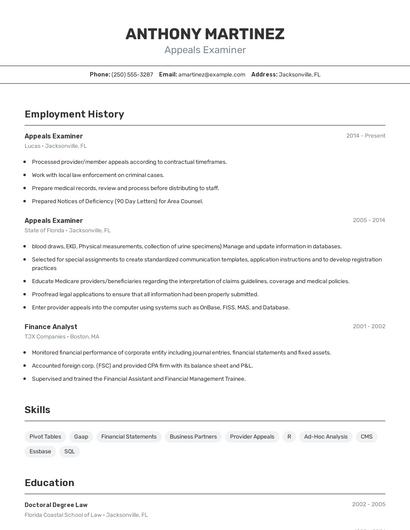 Appeals Examiner Resume