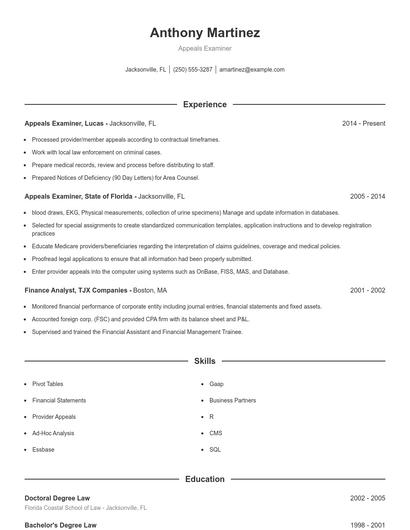 Appeals Examiner Resume
