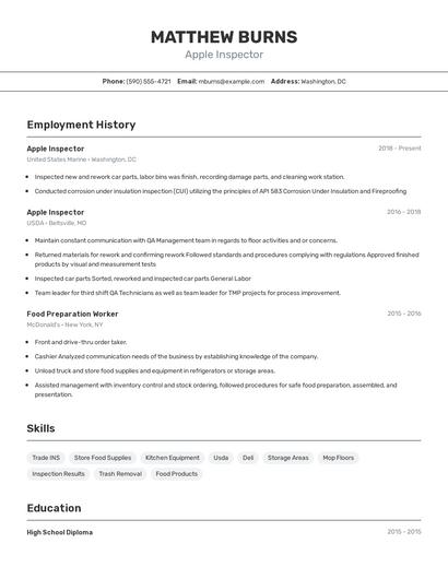 Apple Inspector Resume