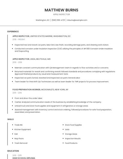 Apple Inspector Resume