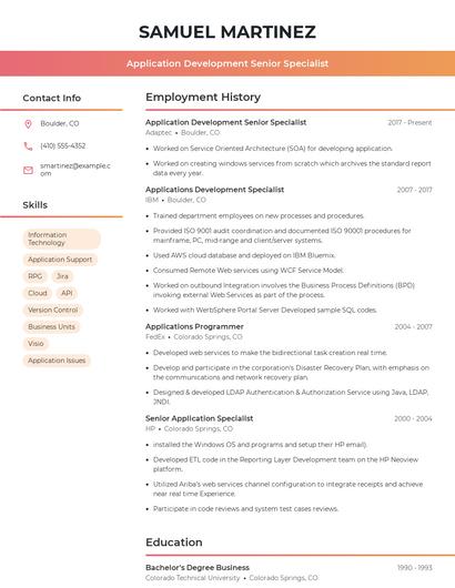 Application Development Senior Specialist Resume