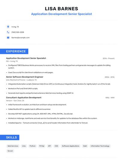 Application Development Senior Specialist Resume