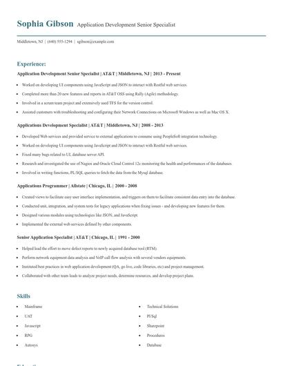 Application Development Senior Specialist Resume