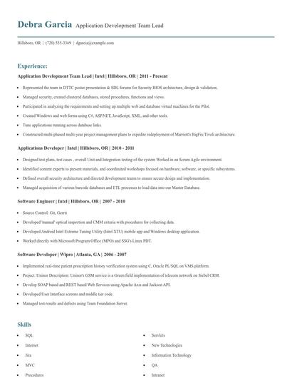 Application Development Team Lead Resume