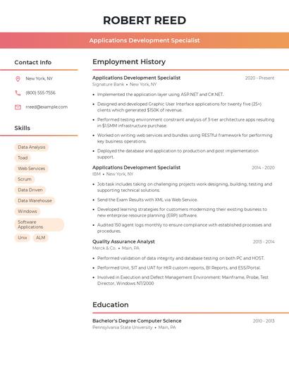 Applications Development Specialist Resume
