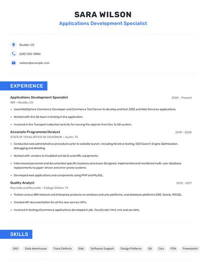 Applications Development Specialist Resume