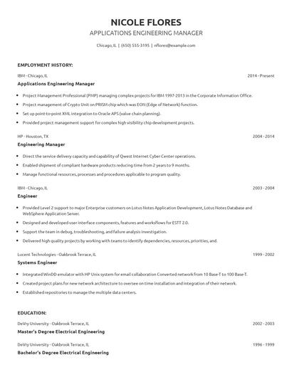 Applications Engineering Manager Resume