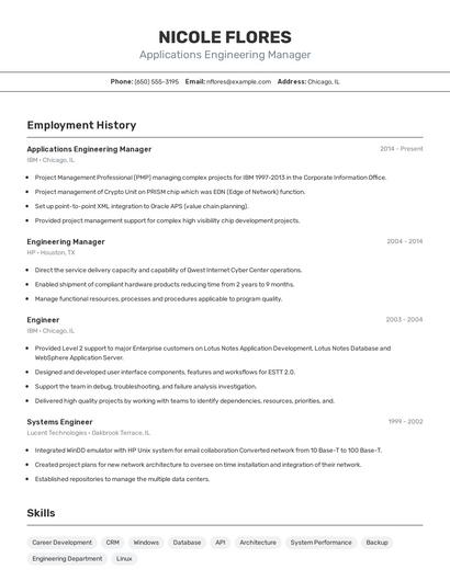 Applications Engineering Manager Resume