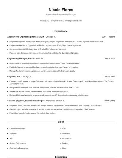 Applications Engineering Manager Resume