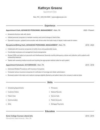 Appointment Clerk Resume