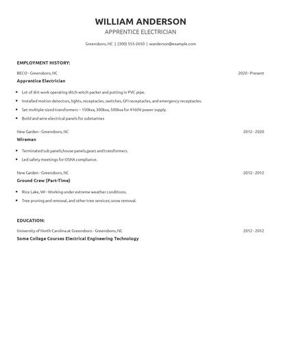 Apprentice Electrician Resume