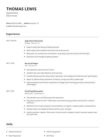 Apprentice Electrician Resume