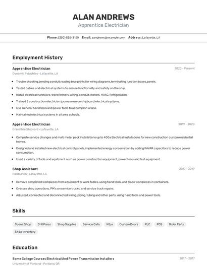 Apprentice Electrician Resume