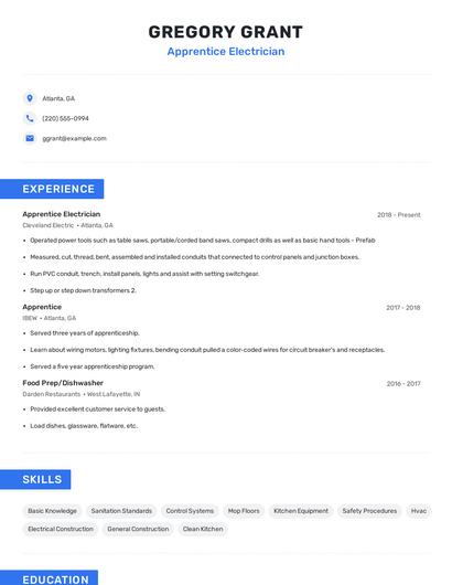 Apprentice Electrician Resume
