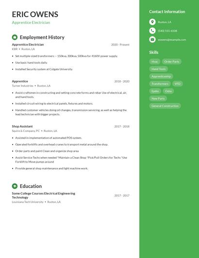 Apprentice Electrician Resume