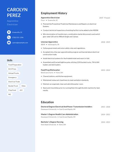 Apprentice Electrician Resume