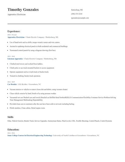 Apprentice Electrician Resume