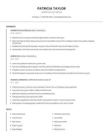 Apprentice Electrician Resume