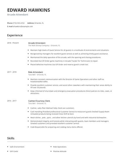 Arcade Attendant Resume