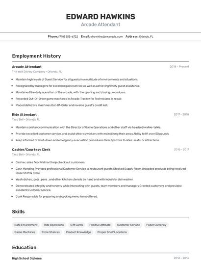 Arcade Attendant Resume