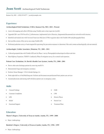 Archaeological Field Technician Resume