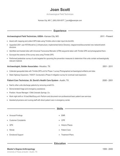 Archaeological Field Technician Resume