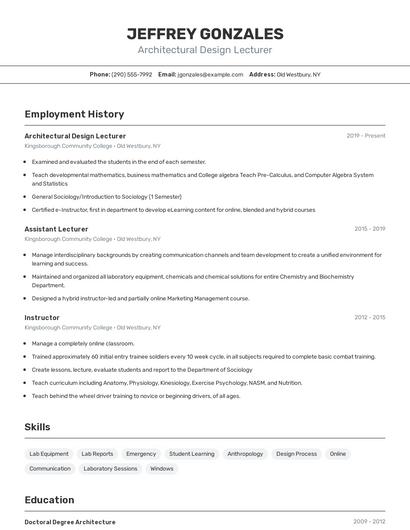 Architectural Design Lecturer Resume