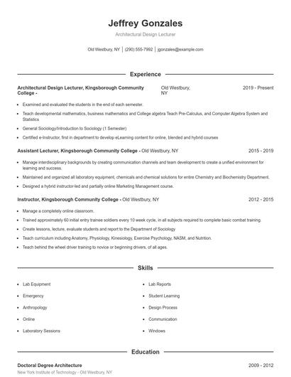 Architectural Design Lecturer Resume