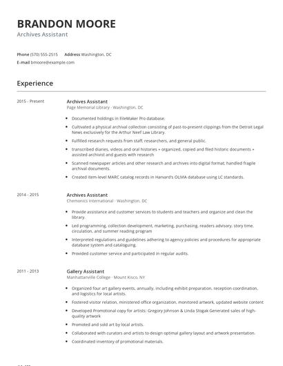 Archives Assistant Resume