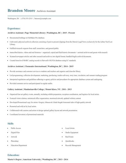 Archives Assistant Resume