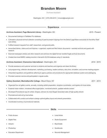 Archives Assistant Resume