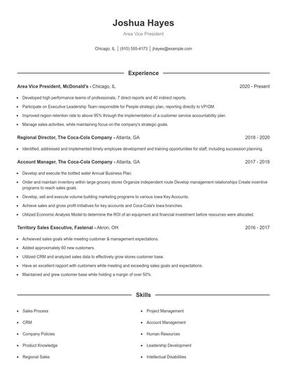 Area Vice President Resume