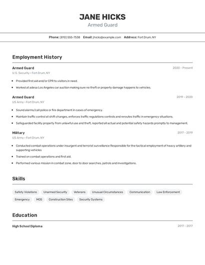 Armed Guard Resume