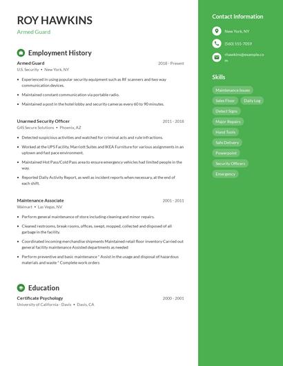 Armed Guard Resume